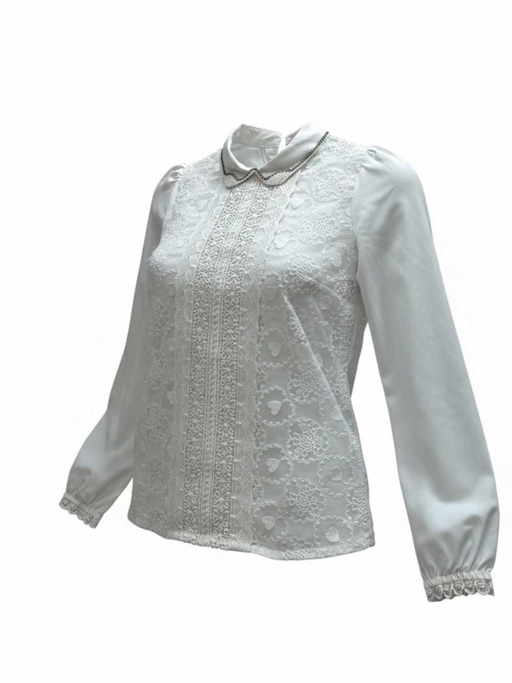 M&TOO white Ivory Lace-Front Long Sleeve Blouse with Peter Pan Collar - Small